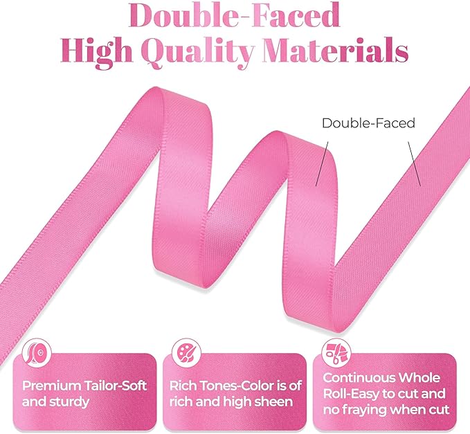 Hot Pink Satin Ribbon, Double Faced 1/2 Inch X 50 Yards Hot Pink Ribbon, Premium Satin Ribbon for Gift Wrapping, Crafts, Hair Bow Making, Sewing, Flower Bouquet, Wedding Party Decor