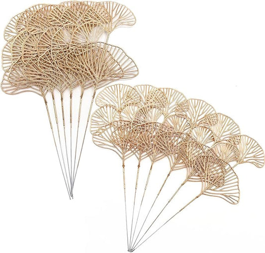 PASYOU Fake Golden Apricot Leaves Plants Artificial Gold Ginkgo Leaf Stems for Christmas Decor, Faux Plastic Sticks Picks Indoor Outdoor Home Wedding Party Event Xmas Ornaments DIY Decoration 12 Pcs