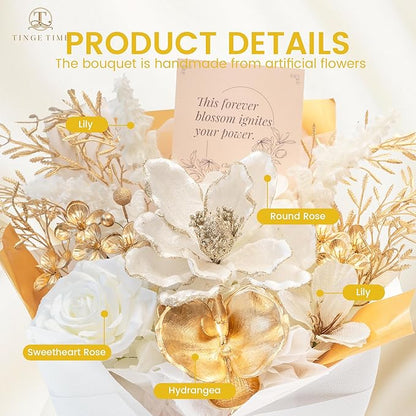 TINGE TIME White Gold Artificial Flowers Bouquet, Platinum Gift Bouquet for Women, Eternal Fake Flower Gift for Christmas Anniversary Birthday Home Décor (White & Gold)