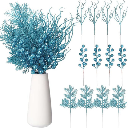 75 Pcs Christmas Glitter Branches 3 Styles Artificial Christmas Picks Berries Stems Pine Needles Floral Twig Spray for Xmas Tree Ornaments DIY Wreath Garland(Light Blue)
