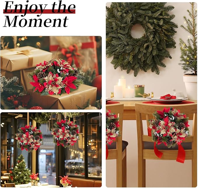 BLOSMON Poinsettias Christmas Flowers Decorations: 6 Pcs Red Gold Glitter Fake Christmas Floral Ball Centerpieces Artificial for Tables Silk Faux Poinsettia Holiday Flower Arrangement Xmas Plant Decor