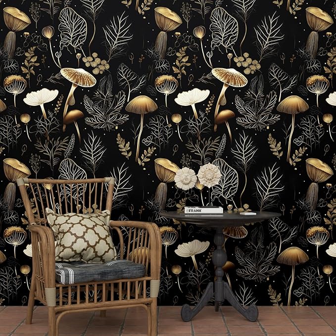 Boho Wallpaper Peel and Stick Dark Floral Contact Paper 17.5" x 118" Vinyl Self Adhesive Vintage Mushrooms Wall Mural Leaf Wall Paper for Room Countertop Drawer Decor(Golden,Black)