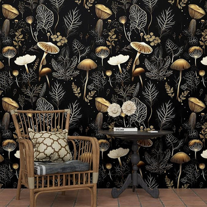 Boho Wallpaper Peel and Stick Dark Floral Contact Paper 17.5" x 118" Vinyl Self Adhesive Vintage Mushrooms Wall Mural Leaf Wall Paper for Room Countertop Drawer Decor(Golden,Black)