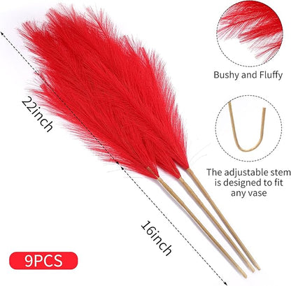 9 Stems Red Pampas Grass - 38 Inch Tall Fluffy Faux Pampas Grass Decor, Long Artificial Pompas Floral for Living Room, Wedding Centerpieces and Home Decor (Red)