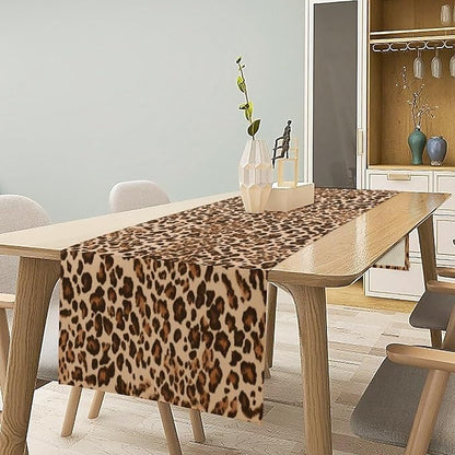 Leopard Skin Print Table Runner, Rustic Cottage Country Farmhouse Wildlife Safari Animal Skin Print Dinner Runner for Home Kitchen Dining Table Party Holiday Decor Brown 13x90in