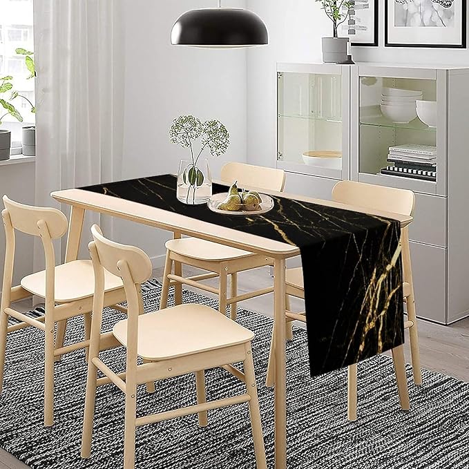 Black Grey Marble Table Runner Abstract Gold Black Grey Marble Pattern Seasonal Dinner Runner Table Decoration for Farmhouse Home Kitchen Dining Holiday Party 13x120in