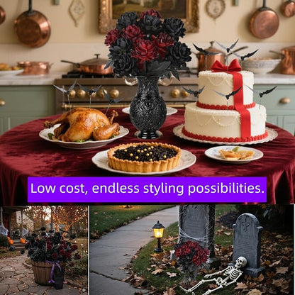 Gothic Black and Red Artificial Dahlia Flowers – Luxury Faux Bouquet for Vase Decor, Dark Aesthetic Centerpiece Arrangement for Modern Home, Living Room, Entryway & Dining Table Décor