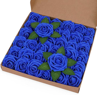 BLEUM CADE 36Pcs Artificial Flowers Fake Roses with Stems, Royal Blue Boxed Foam Roses for DIY Bouquets Centerpieces Wedding Party Arrangement Bridal Shower Decor