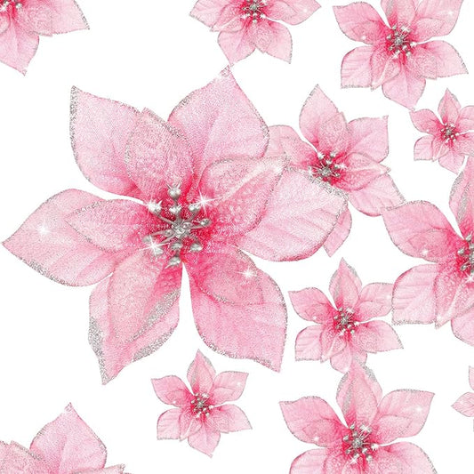 WILLBOND 24 Pcs 3 Size Poinsettia Flower Artificial Christmas Decor Glitter Poinsettia Christmas Ornaments Faux Flowers for Xmas Tree Outdoor(3.2/4/6 Inches,Rose Red)