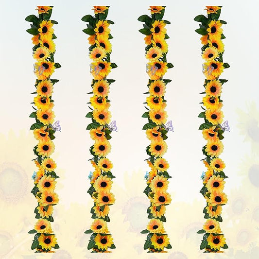4 Pack Sunflower Garland Fall Girasoles Decorations,7.5ft Silk Artificial Sunflowers Fake Hanging Vines with Green Leaves Garland for Birthday Backdrop Outdoor Wedding Decor