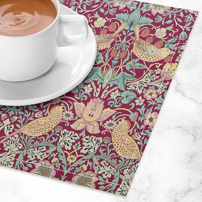 William Morris Floral Placemats Strawberry Thief Red Art Printed Dining Table Mats Set of 4 for Home Kitchen Holiday Picnic Party Decoration 12x18in