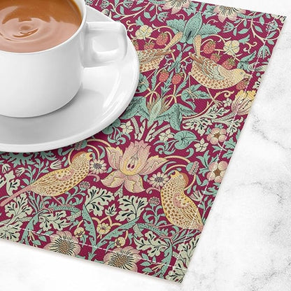 William Morris Floral Placemats Strawberry Thief Red Art Printed Dining Table Mats Set of 4 for Home Kitchen Holiday Picnic Party Decoration 12x18in
