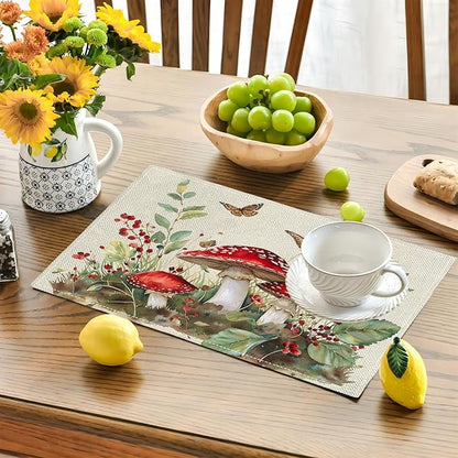 Mushroom Botanical Placemats Set of 4 Mushroom Plants Leaves Butterfly Place Mats Botanic Waterproof Washable Table Mats Kitchen Dining Decoration 4 PCS