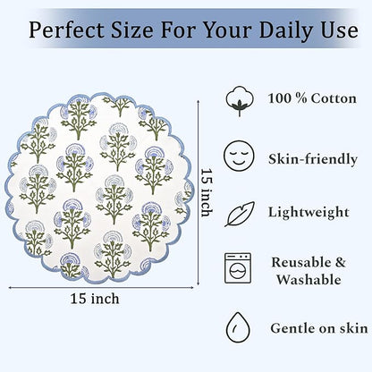 Ridhi Mughal Buta Blue Hand Block Print Cotton15 Inch Round Set of 4 Reusable Washable PlaceMats Kitchen Dining Thanksgiving Halloween Christmas Weddings Everyday Use