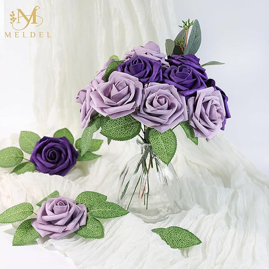 Meldel Artificial Flowers 25pcs Real Looking Purple Lilac Foam Fake Roses with Stems for DIY Wedding Bouquets Bridal Shower Centerpieces Floral Arrangements Home Decorations Bulk Crafts Rose