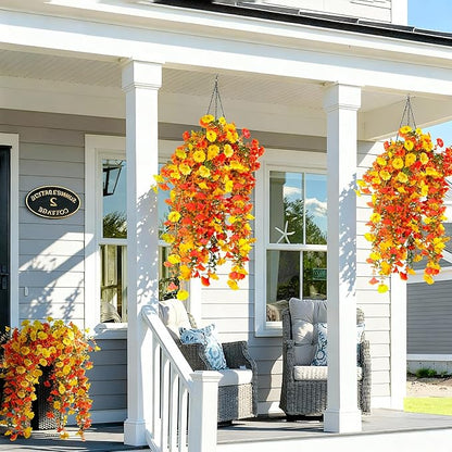 Artificial Flowers for Outdoors Fall Hanging, 4-pack Artificial Morning Glory includes 180 Flowers, Uv-Resistant Faux Silk Fake Realistic Plants for Home Garden Porch Patio Balcony Planter Yard