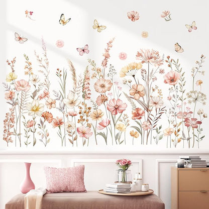 decalmile Watercolor Boho Flowers Wall Decals Wildflower Floral Grass Plants Butterfly Wall Stickers Bedroom Living Room Sofa TV Background Home Decor