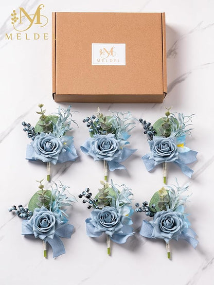 Meldel Dusty Blue Rose Boutonniere for Men,Set of 6,Groomsmen Groom Boutonnieres for Wedding Corsage Ceremony Anniversary, Formal Dinner Party, Fall Vintage Rustic Marriage Prom Flower
