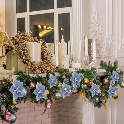 Boao 24 Pieces Christmas Artificial Glitter Poinsettia Flowers Xmas Flowers Wedding Christmas Tree New Year Ornaments(Dusty Blue)