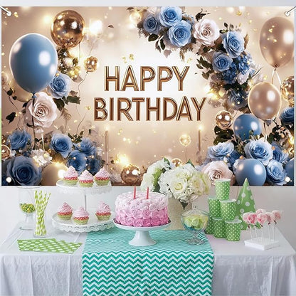 Blue and Gold Happy Birthday Backdrop Banner Elegant Floral Balloon Photography Background Birthday Party Decorations Glittering Rose Blue Gold Balloons Banner Supplies 71x43 Inch