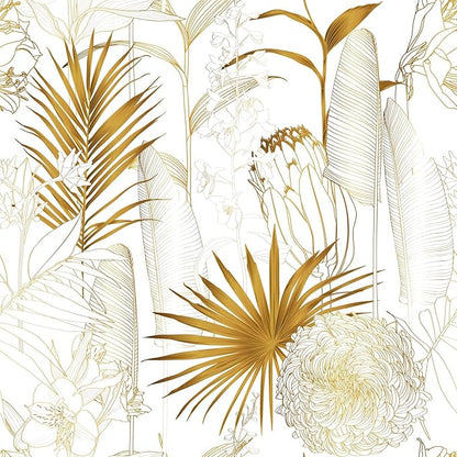 Gold/White Chrysanthemum Floral Peel and Stick Wallpaper - Tropical Palm Leaf Vintage Floral Contact Paper - Removable Wallpaper Vinyl Self Adhesive for Living Room Bedroom Shelf - 236.2"x17.71"
