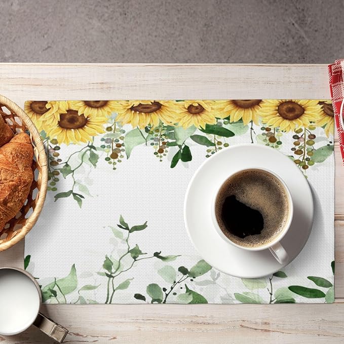 Sunflower Placemats Set of 4,Spring Summer Yellow Floral Flowers Rustic Vintage Dining Table Place Mats, Kitchen Decor Home Decoration 4 PCS, Style-13