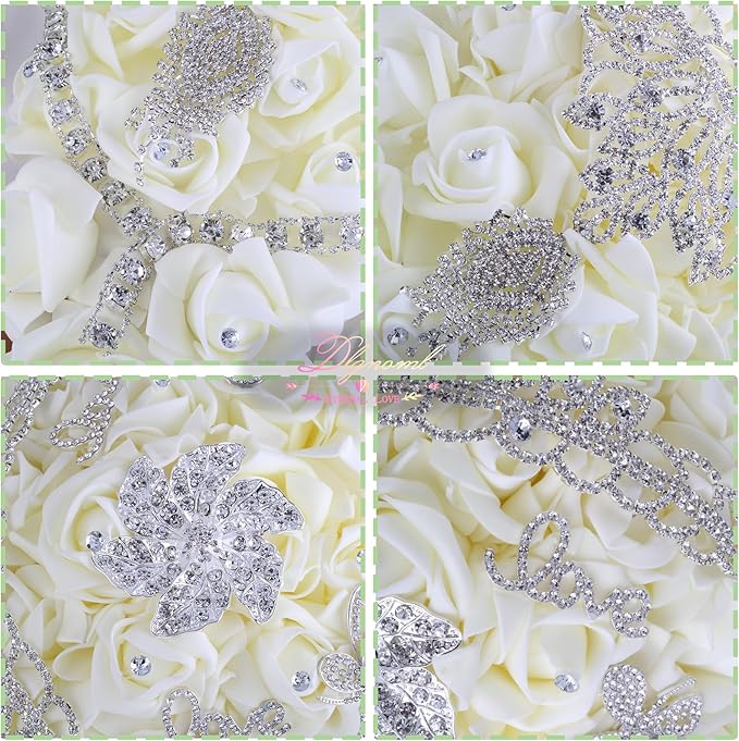 Wedding Bouquets for Brides or Bridesmaids Brick and Stone Decoration Pearl Embellishment Roses Bridal Bridesmaid Wedding Hand Bouquet Artificial Fake Flowers.(Cream)