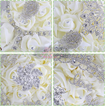 Wedding Bouquets for Brides or Bridesmaids Brick and Stone Decoration Pearl Embellishment Roses Bridal Bridesmaid Wedding Hand Bouquet Artificial Fake Flowers.(Cream)