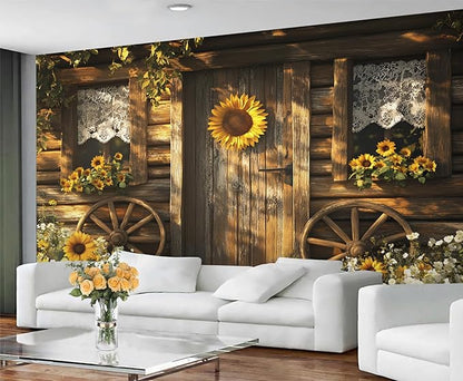KIREUPA Rustic Cabin Sunflower Wall Mural, Vintage Cottage Door Sunflower 3d Wall Murals, Farmhouse Nature Wallpaper Mural, for Living Room Bedroom Large Wallpaper Indoor Decor 59" W x39.4 H