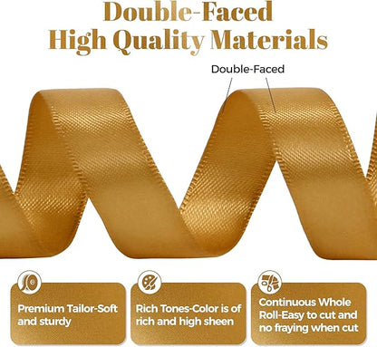 Old Gold Satin Ribbon, Double Faced 5/8 Inch X 50 Yards Old Gold Ribbon, Premium Satin Ribbon for Gift Wrapping, Crafts, Hair Bow Making, Sewing, Flower Bouquet, Wedding Party Decor