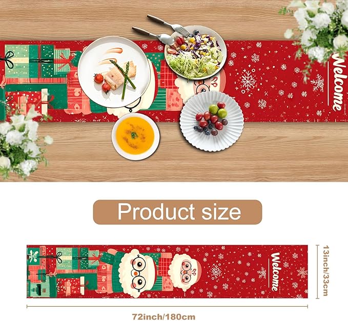 Christmas Table Runner – Red Holiday Table Decoration with Cute Santa Claus & Gifts Design, Festive Dining Table Decor for Christmas Party, Family Dinner, Kitchen & Living Room
