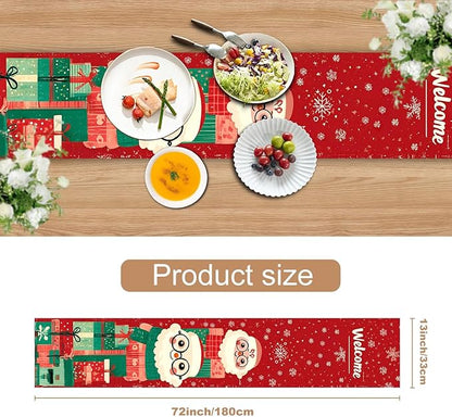 Christmas Table Runner – Red Holiday Table Decoration with Cute Santa Claus & Gifts Design, Festive Dining Table Decor for Christmas Party, Family Dinner, Kitchen & Living Room