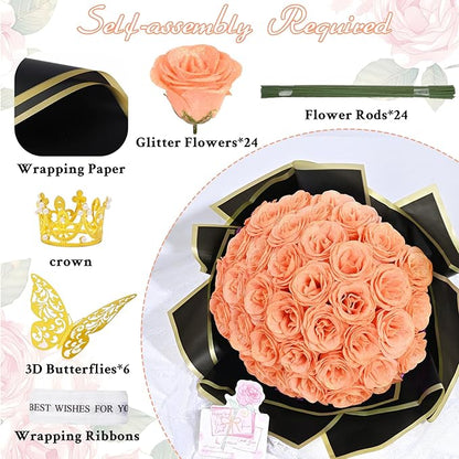 Waipfaru Glitter Roses Bouquet, DIY Fake Flowers Bouquet, Champagne Artificial Flower, Valentines, Anniversary, Engagement, Wedding, 24 Pcs