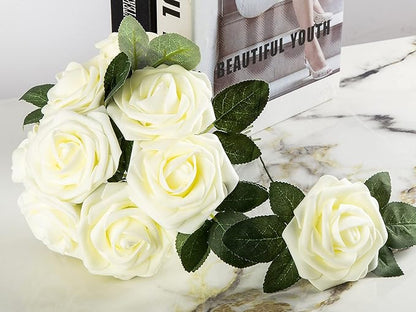 Artificial Flower Foam Rose 25pcs Real Looking Fake Rose with Stems Leaves for Home Decoration Party Garden Centerpieces DIY Wedding Bouquets（Ivory White）