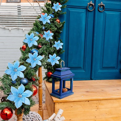 WILLBOND 24 Pcs 3 Size Poinsettia Flower Artificial Christmas Decor Glitter Poinsettia Christmas Ornaments Faux Flowers for Xmas Tree Outdoor(3.2/4/6 Inches,Lake Blue)