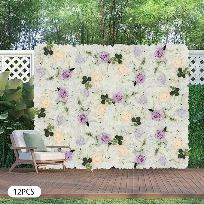 3D Flower Wall Panel Floral Backdrop,12PCS Artificial Flower Wall Background Silk Rose Mat, Artificial Flower Backdrop Faux Flower Panel for Wedding