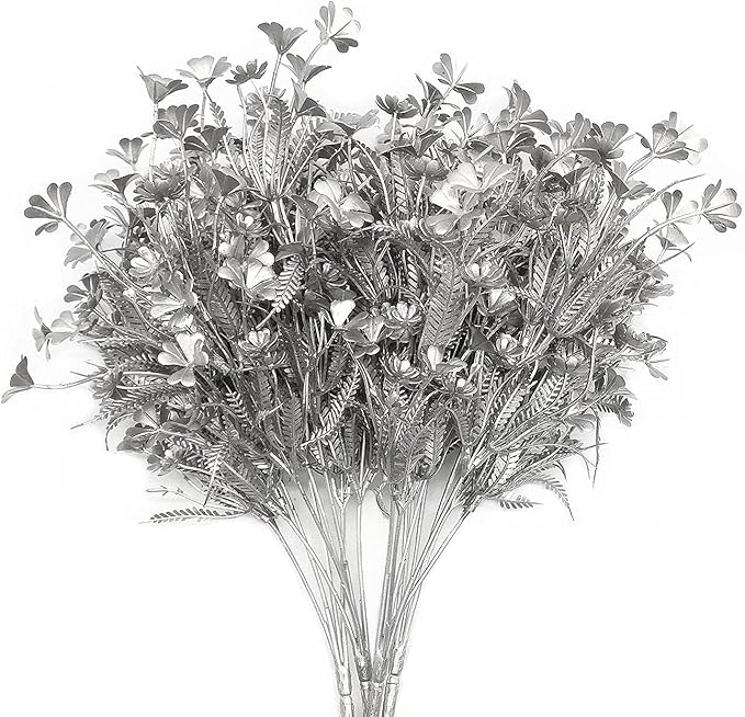 PASYOU Artificial Plants for Christmas Decor, Plastic Grass Faux Shrubs Simulation Flower Leaves Indoor Outdoor Home Garden Planter Filler Party Hotel Verandah Wedding DIY Decoration - Silver 4 Pack
