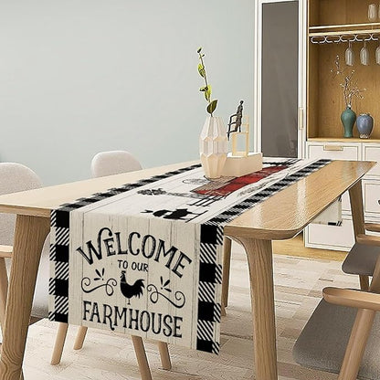 Rustic Farmhouse Table Runner Vintage Western Farm Cow Rooster Red Barn Cabin Country Lodge Dinner Runner for Home Kitchen Dinner Table Party Decoration 13x36in
