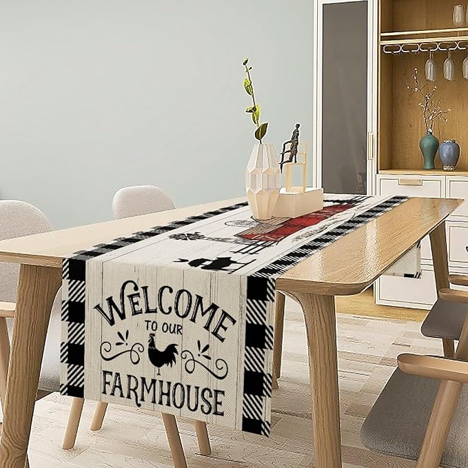 Rustic Farmhouse Table Runner Vintage Western Farm Cow Rooster Red Barn Cabin Country Lodge Dinner Runner for Home Kitchen Dinner Table Party Decoration 13x90in