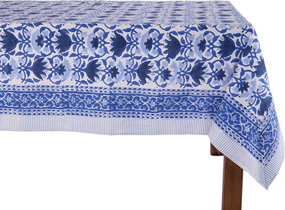 ATOSII Positano Blue 100% Cotton Rectangle Fall Tablecloth, Handblock Floral Linen Table Cloth for Kitchen Dining Table I Tabletop I Parties Wedding Christmas Thanksgiving I Fall Decor 60 X 90 Inches