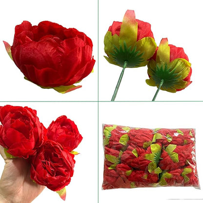 FagusHome 25 Pcs Silk Peony Artificial Flower Heads 4 inch Fake Peony Flowers Heads with Stems Artificial Peony Flower Heads in Bulk Wholesale for Wedding Home Decor (Red)