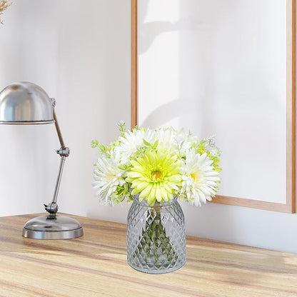 Artificial Daisy Flowers Vases for Table Centerpiece Decor, Lifelike Fake Silk Spring Flowers, Perfectly Mimics Real Daisy and Spring Blooms (Green & White with Glass Vase)