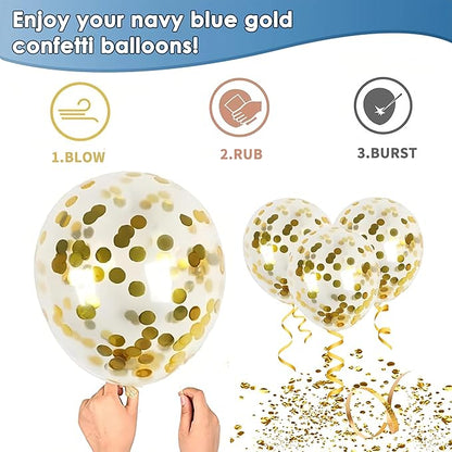 Navy Blue and Gold Confetti Balloons, 50pcs 12 Inch Metallic Blue Latex Confetti Balloons Matte White Latex Balloons with 33 Feet String for Birthday Wedding Gender Revea Decorations