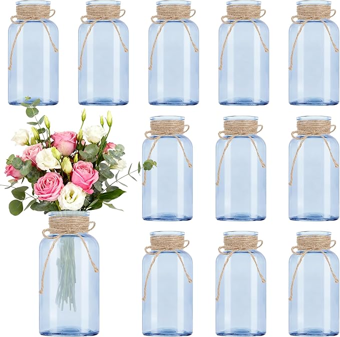 Vintage Glass Flower Vase，12 Pack Blue Farmhouse Glass Centerpiece Vases Mason Jars for Weddings, Parties & Home Decor Bulk (12, Blue)