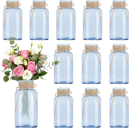 Vintage Glass Flower Vase，12 Pack Blue Farmhouse Glass Centerpiece Vases Mason Jars for Weddings, Parties & Home Decor Bulk (12, Blue)