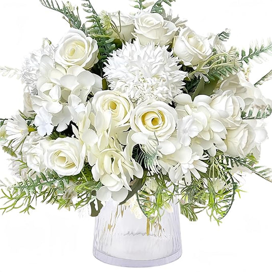 ASTRYAS White Artificial Flowers, 4Pcs Fake Rose Silk Chrysanthemum Ball Hydrangea Daisy for Decoration Faux Floral Arrangements for Wedding Party Home Decor Indoor(White)