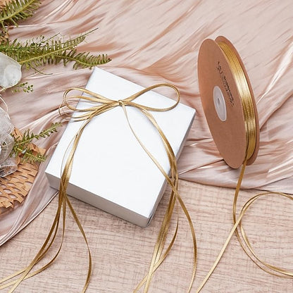 LaRibbons Gold Satin Ribbon 1/8 Inch 100 Yards Thin Luxury Double Faced Pale Gold Silk Ribbon for Flower Bouquet Crafts Gift Wrapping Wedding Christmas Decoration