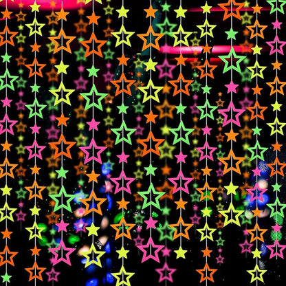 102feet Neon Paper Garland Streamers Hollowed Star Black Light Decorations Glow Party UV Reactive Favors in The Dark Supplies for Wedding Birthday Garlands