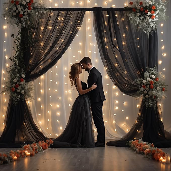 30x10ft Black Tulle Backdrop Curtain with Lights String for Parites, Sheer Backdrop Curtains for Wedding Baby Shower Birthday Party Photo Shoot Decorations