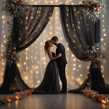 20x8ft Black Tulle Backdrop Curtain with Lights String for Parites, Sheer Backdrop Curtains for Wedding Baby Shower Birthday Party Photo Shoot Decorations